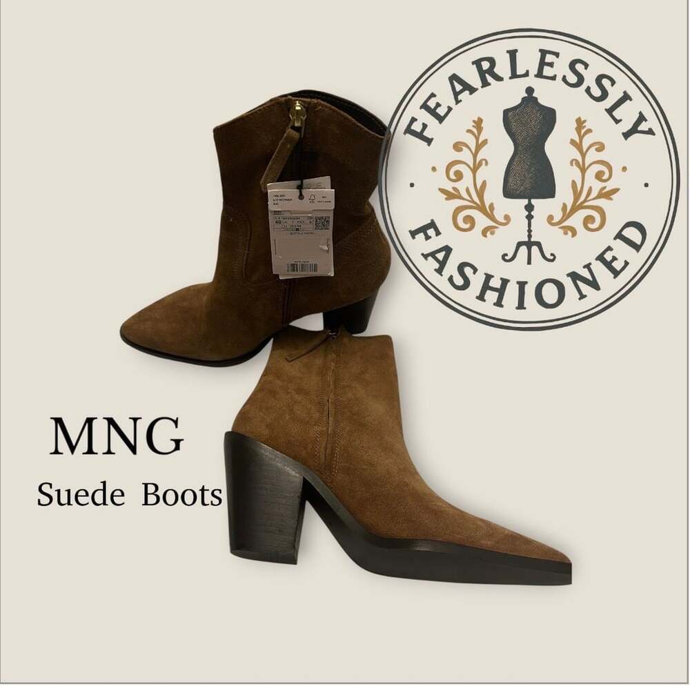 MNG Mango Suede Pointed-Toe Block Heel Ankle Boots Size 40 - Picture 3 of 6